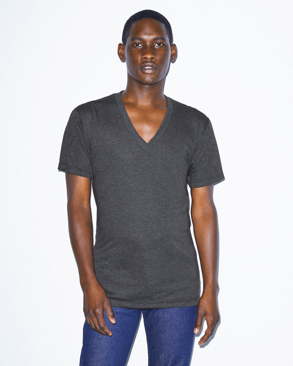 UNISEX TRI-BLEND SHORT SLEEVE V-NECK T-SHIRT - Tri-Indigo - Model