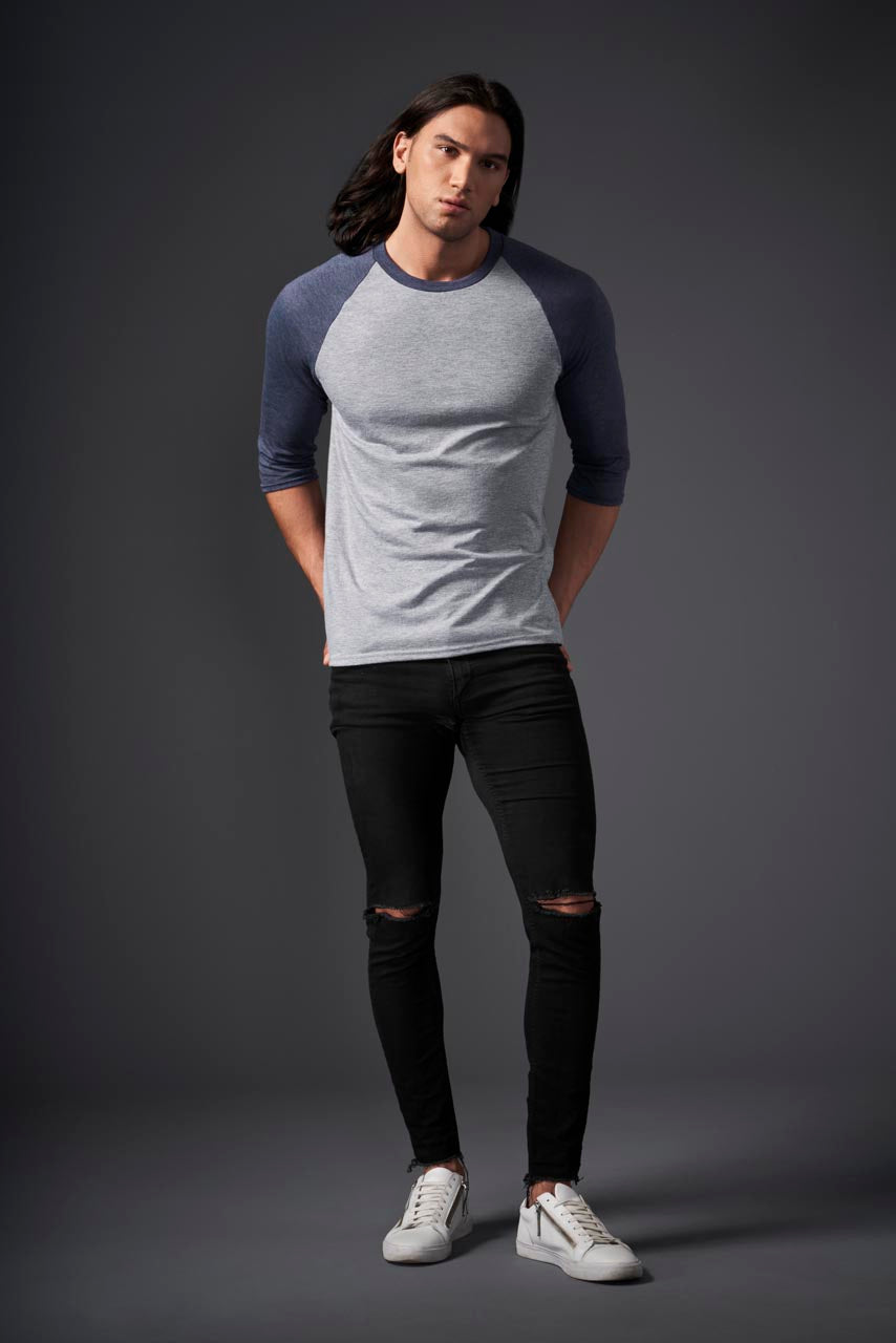 ADULT TRI-BLEND ¾ SLEEVE RAGLAN TEE - Heather Blue/Heather Grey - Model