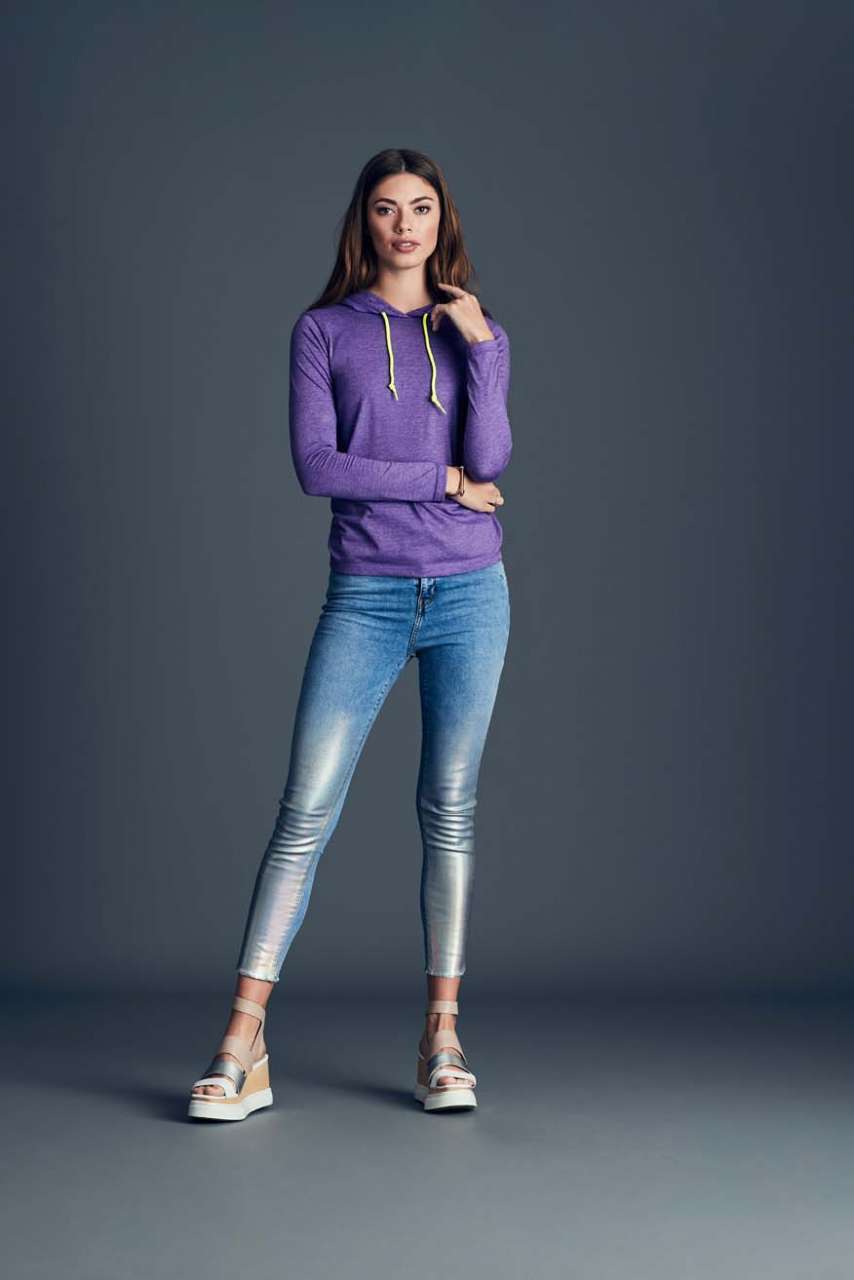 WOMEN’S LIGHTWEIGHT LONG SLEEVE HOODED TEE - Heather Blue/Neon Yellow - Additional
