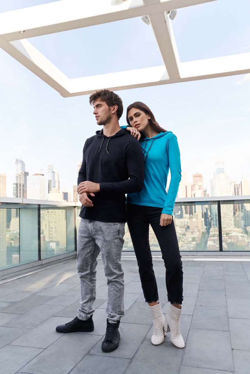 WOMEN’S LIGHTWEIGHT LONG SLEEVE HOODED TEE - Heather Blue/Neon Yellow - Additional
