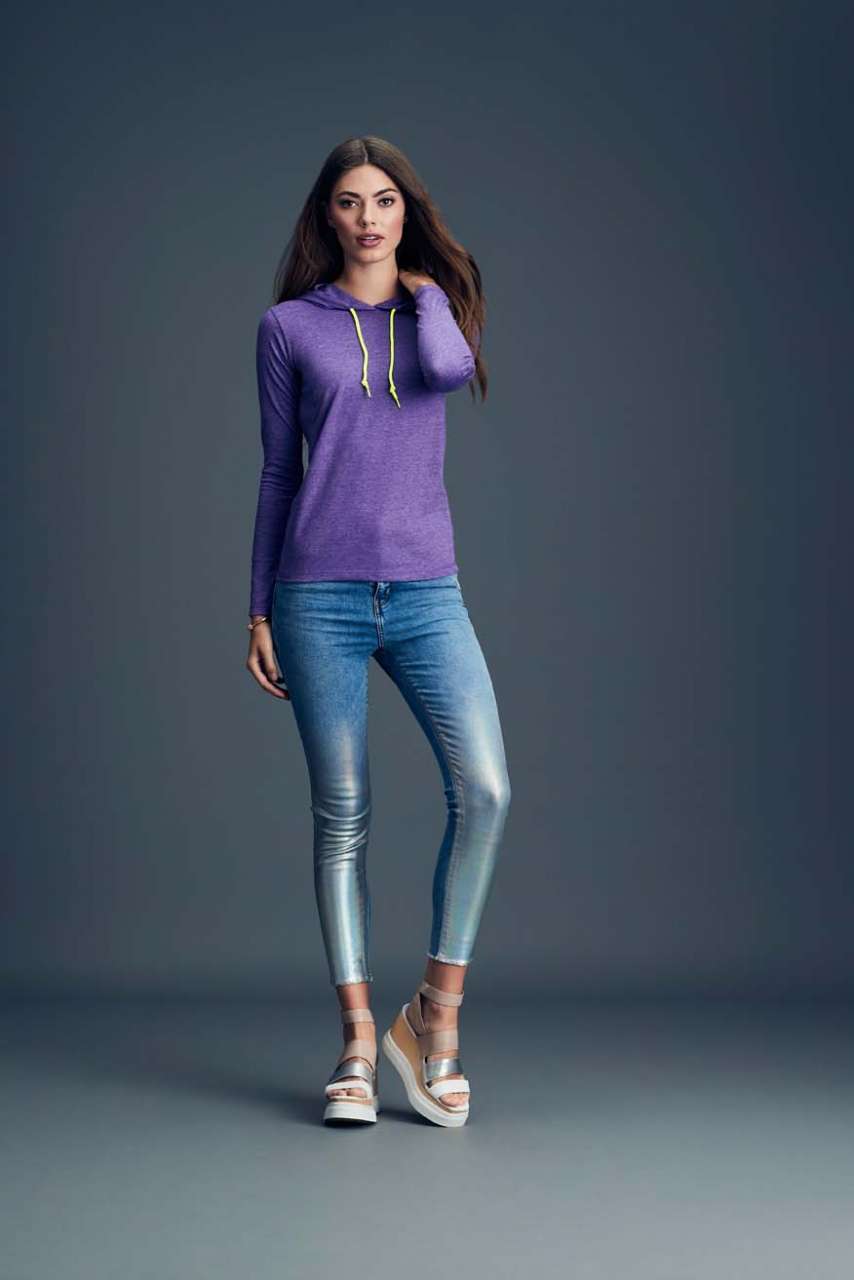WOMEN’S LIGHTWEIGHT LONG SLEEVE HOODED TEE - Heather Blue/Neon Yellow - Additional