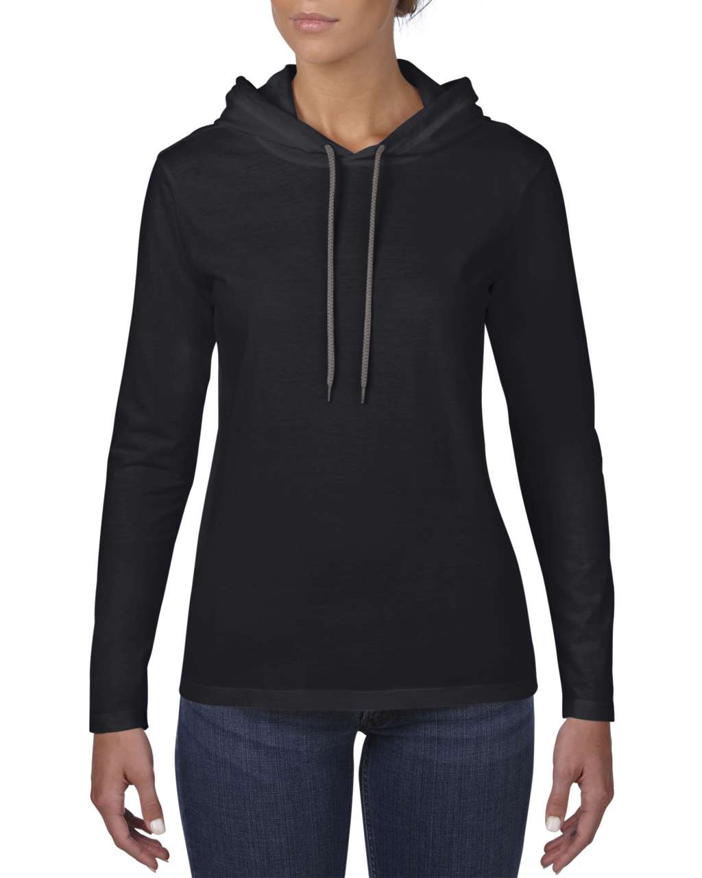 WOMEN’S LIGHTWEIGHT LONG SLEEVE HOODED TEE - Heather Blue/Neon Yellow - Model
