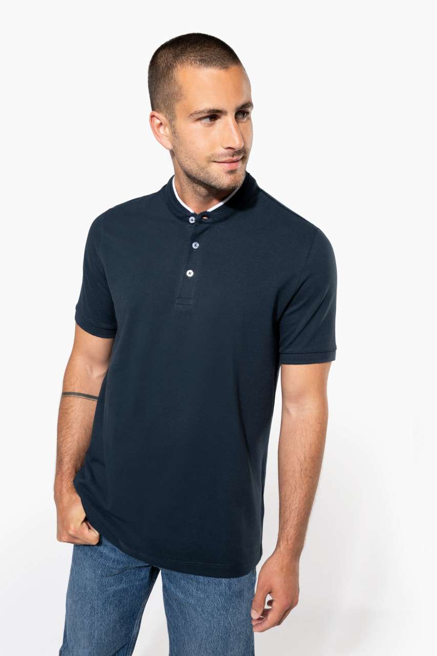MEN'S SHORT SLEEVE POLO SHIRT WITH MANDARIN COLLAR - Black/Oxford Grey - modelimageurl