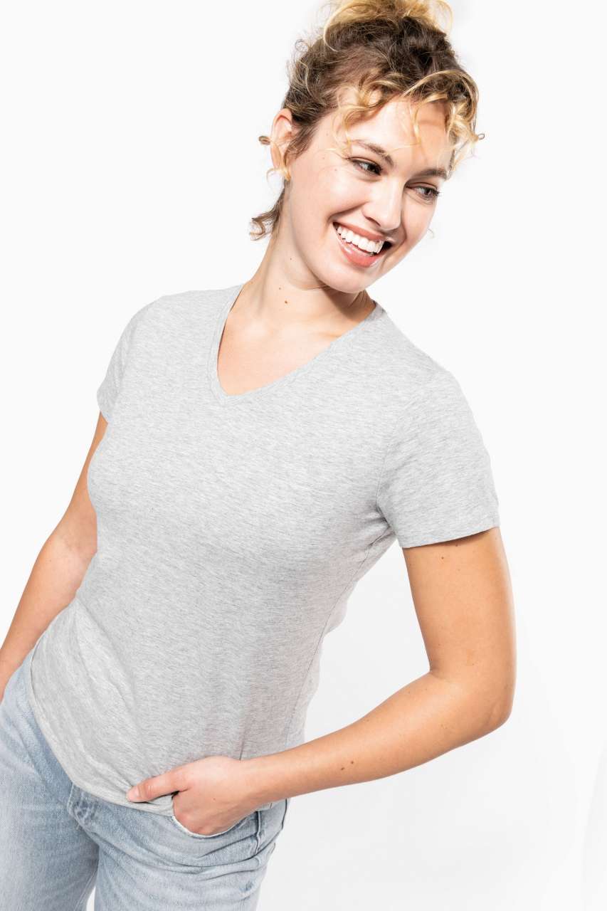 LADIES' SHORT-SLEEVED V-NECK T-SHIRT - Light Grey Heather - modelimageurl