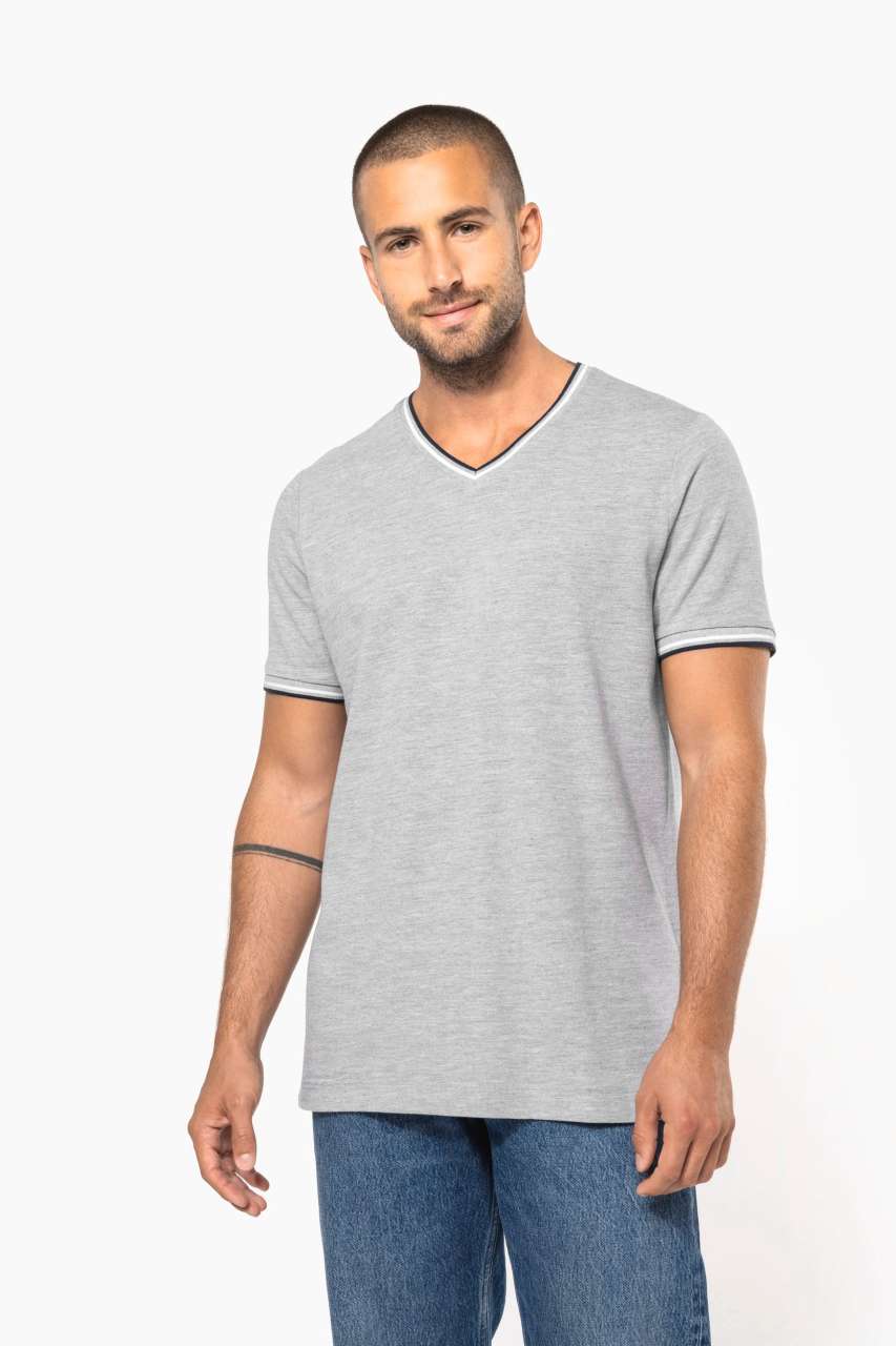 MEN'S PIQUÉ KNIT V-NECK T-SHIRT - Oxford Grey/Navy/White - modelimageurl