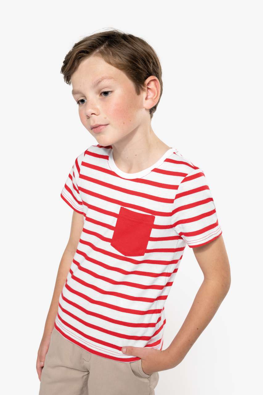 KIDS' STRIPED SHORT SLEEVE SAILOR T-SHIRT WITH POCKET - Striped White/Red - modelimageurl