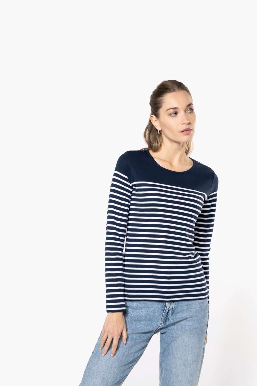 LADIES’ LONG-SLEEVED BRETON STRIPE TOP - Striped White/Navy - Model