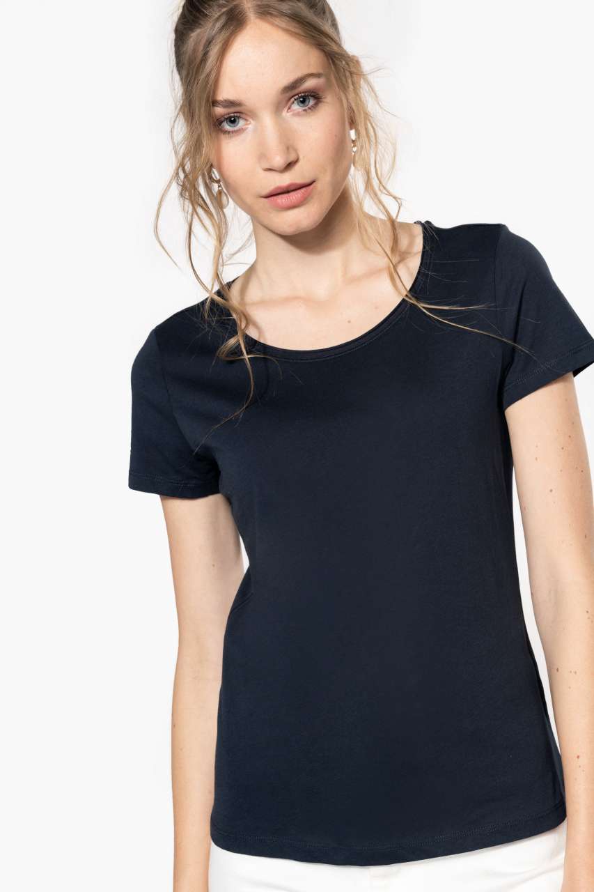 LADIES' SHORT-SLEEVED ORGANIC T-SHIRT WITH RAW EDGE NECKLINE - Ocean Blue Heather - modelimageurl