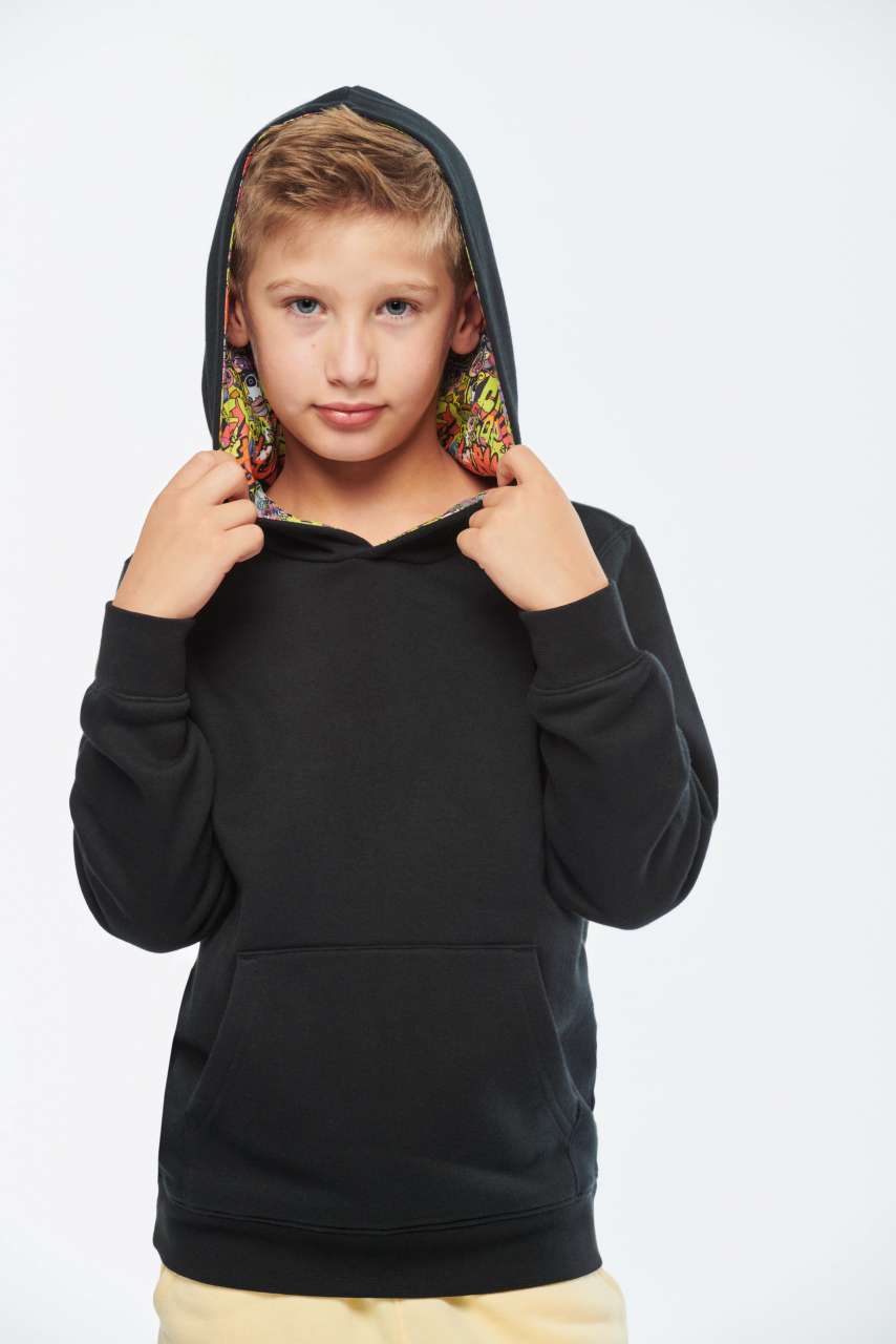 UNISEX KIDS CONTRAST PATTERNED HOODED SWEATSHIRT - Black/Skate Graffiti - modelimageurl