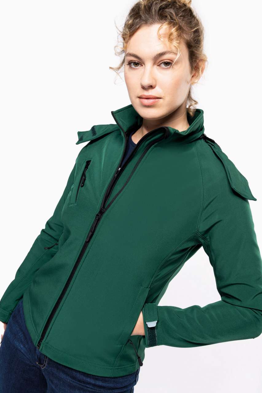 LADIES' DETACHABLE HOODED SOFTSHELL JACKET - Bottle Green - Model
