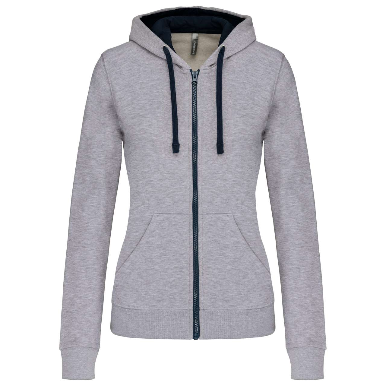 LADIES’ CONTRAST HOODED FULL ZIP SWEATSHIRT - Oxford Grey/Navy - Main