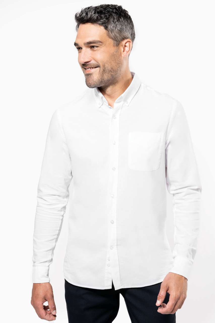 LONG-SLEEVED WASHED OXFORD COTTON SHIRT - Oxford Blue - Model