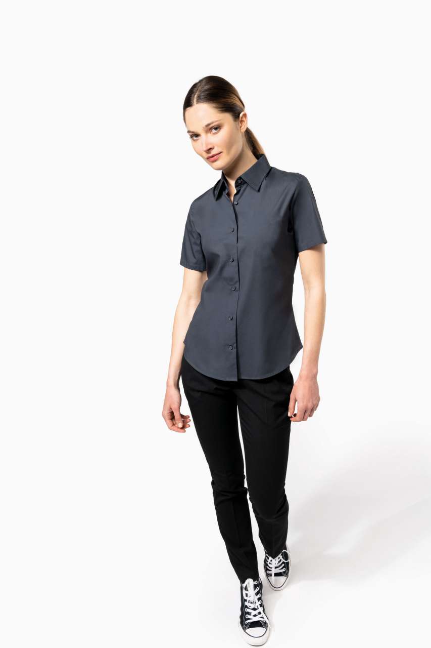 LADIES' SHORT-SLEEVED COTTON/ELASTANE SHIRT - Black - Additional