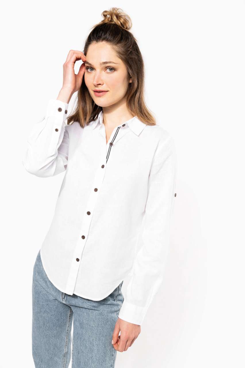 LADIES' LONG SLEEVE LINEN AND COTTON SHIRT - Navy - modelimageurl