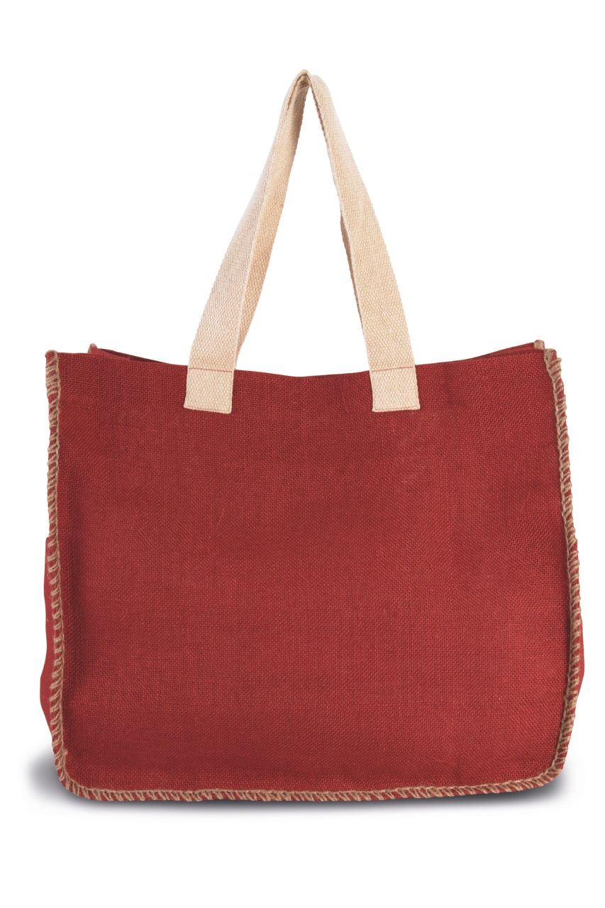 JUTE BAG WITH CONTRAST STITCHING - Natural/Arandano Red - Model