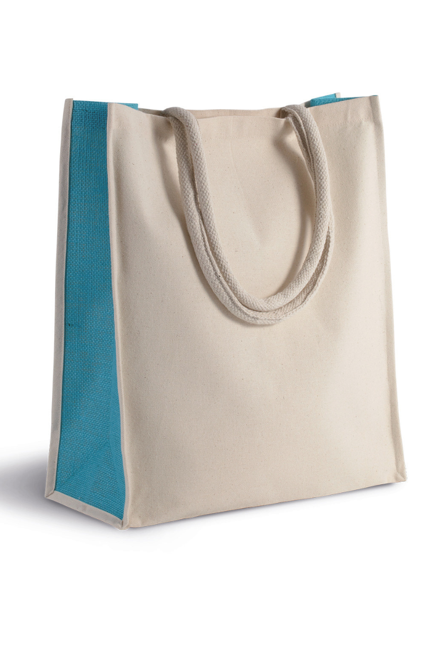 COTTON / JUTE TOTE BAG - 23 L - Natural/Turquoise - Model