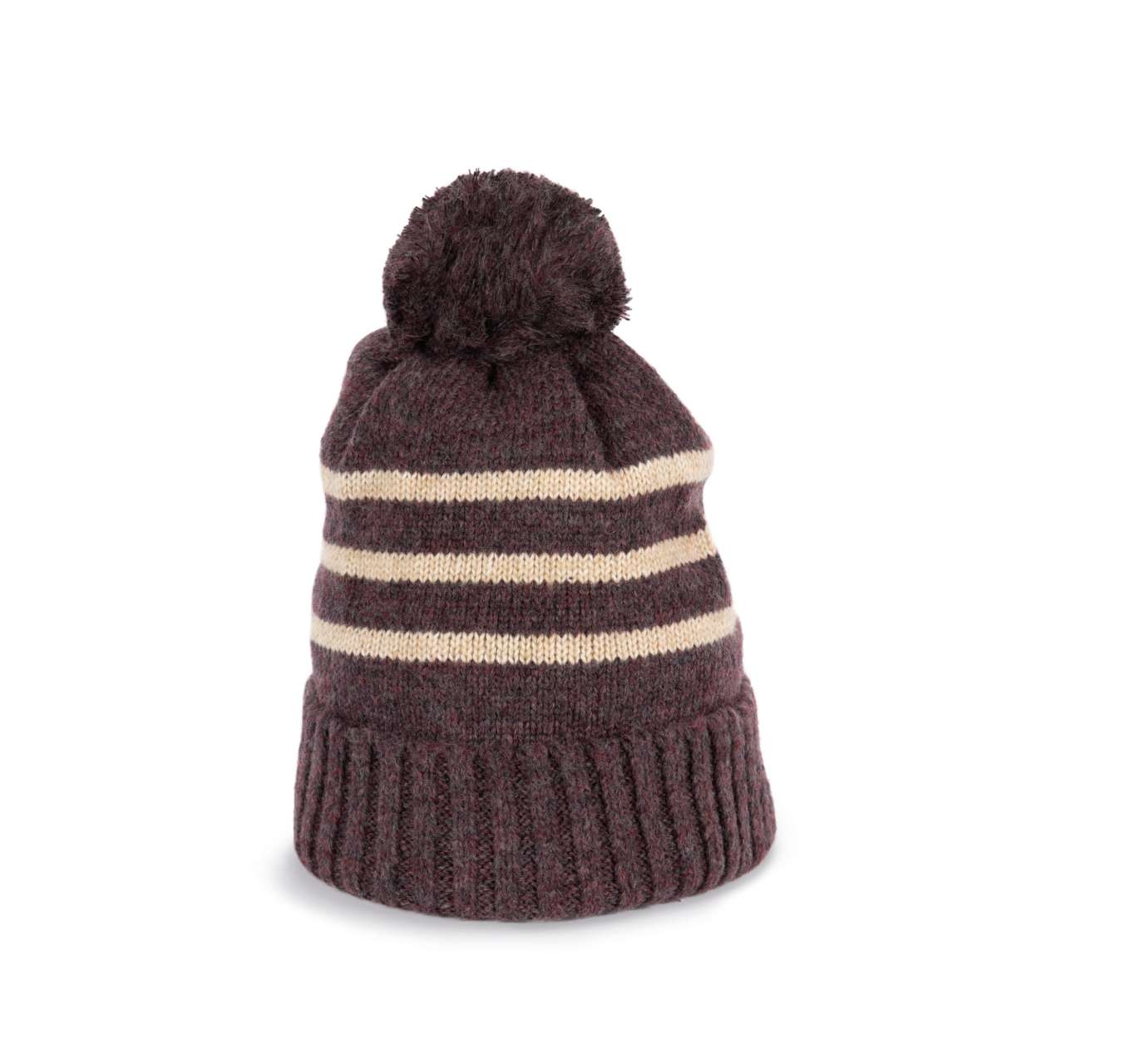 KNITTED STRIPED BEANIE IN RECYCLED YARN - Dark Rosewood Heather/Light Sand Heather - modelimageurl