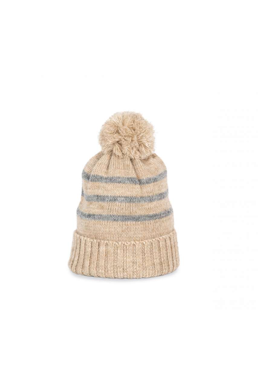 KNITTED STRIPED BEANIE IN RECYCLED YARN - Light Sand Heather/Light Grey Heather - colorimageurl