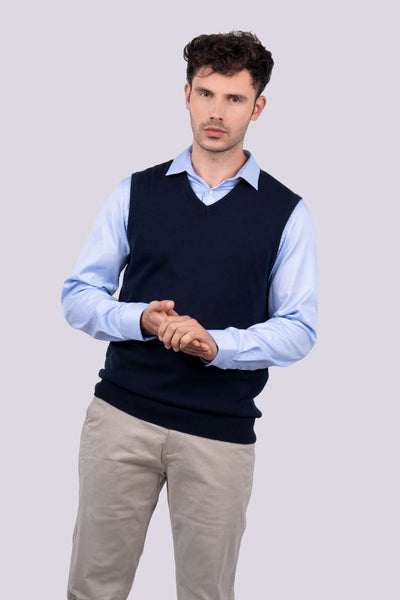 MEN’S V-NECK SLEEVELESS PULLOVER FINE GAUGE COTTON