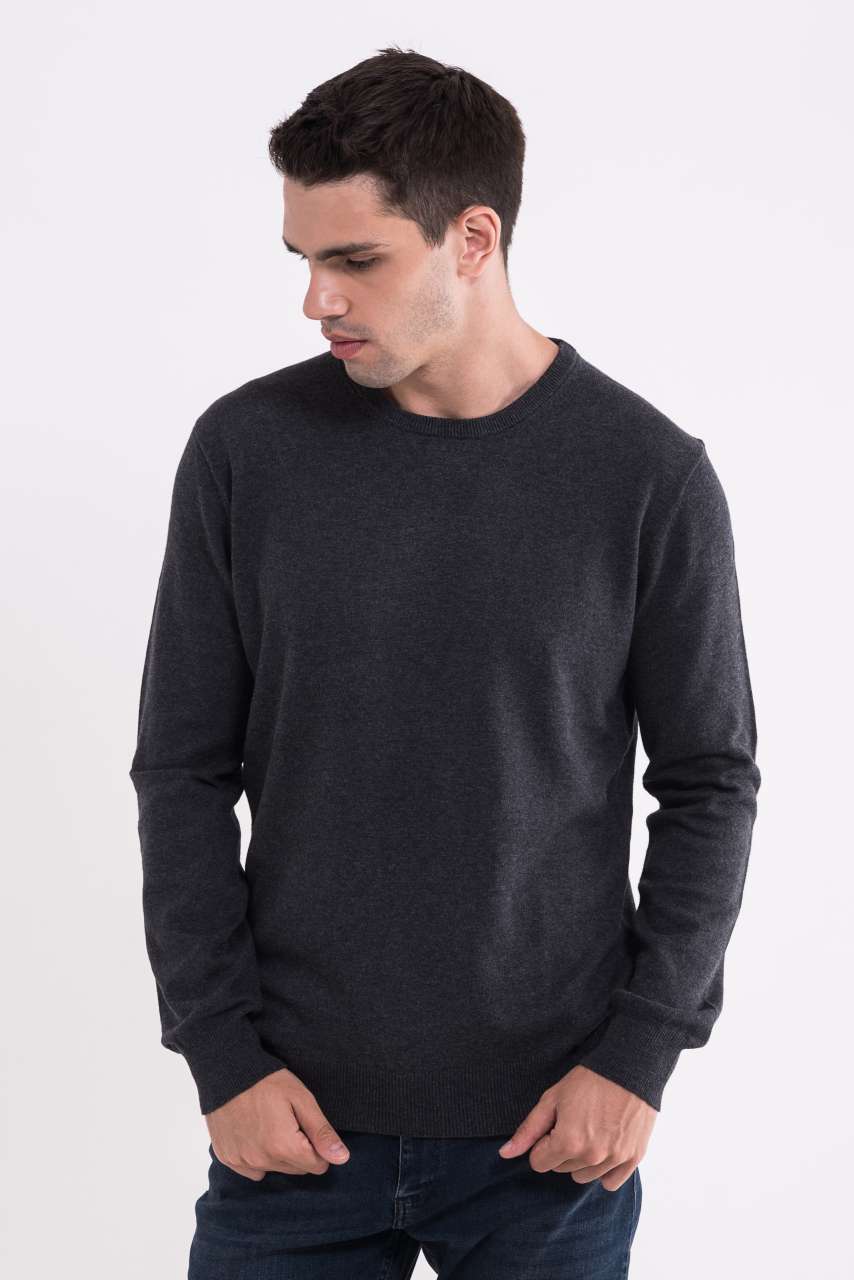 MEN’S CREW NECK FINE GAUGE COTTON PULLOVER - Dark Melange Grey - colorimageurl