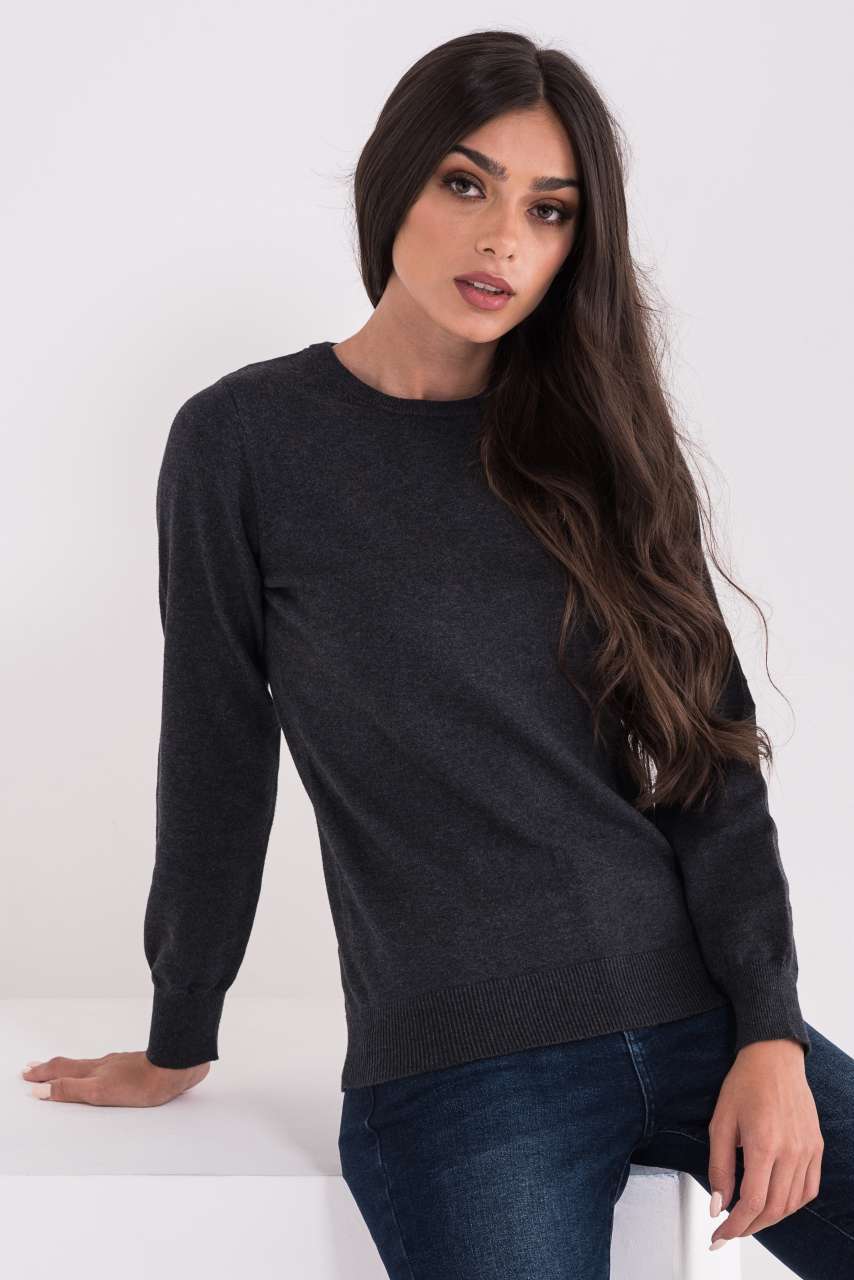 LADIES’ CREW NECK FINE GAUGE COTTON PULLOVER - Dark Melange Grey - colorimageurl