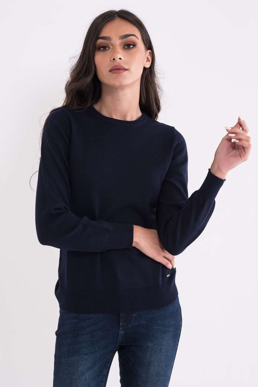 LADIES’ CREW NECK FINE GAUGE COTTON PULLOVER - Navy - colorimageurl