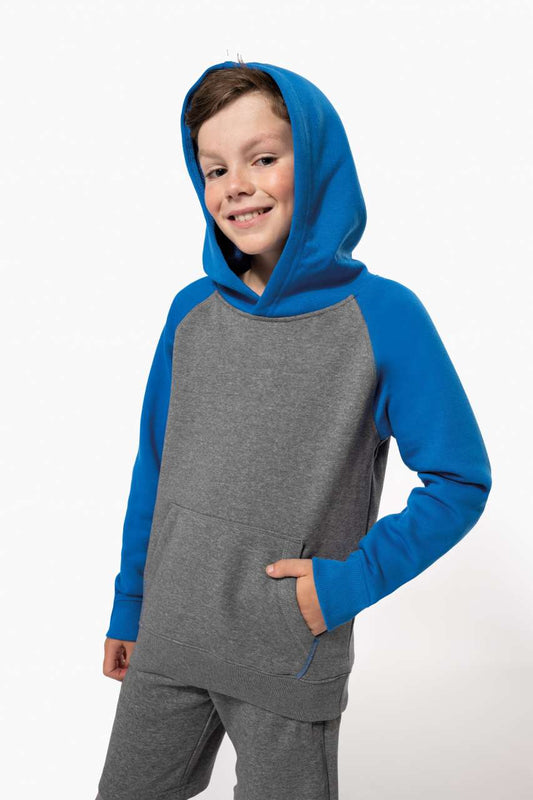 KIDS' TWO-TONE HOODED SWEATSHIRT - Grey Heather/Sporty Royal Blue - modelimageurl