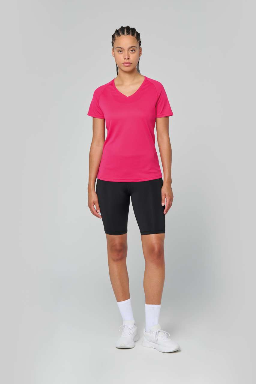 LADIES’ V-NECK SHORT SLEEVE SPORTS T-SHIRT - Fuchsia - Additional