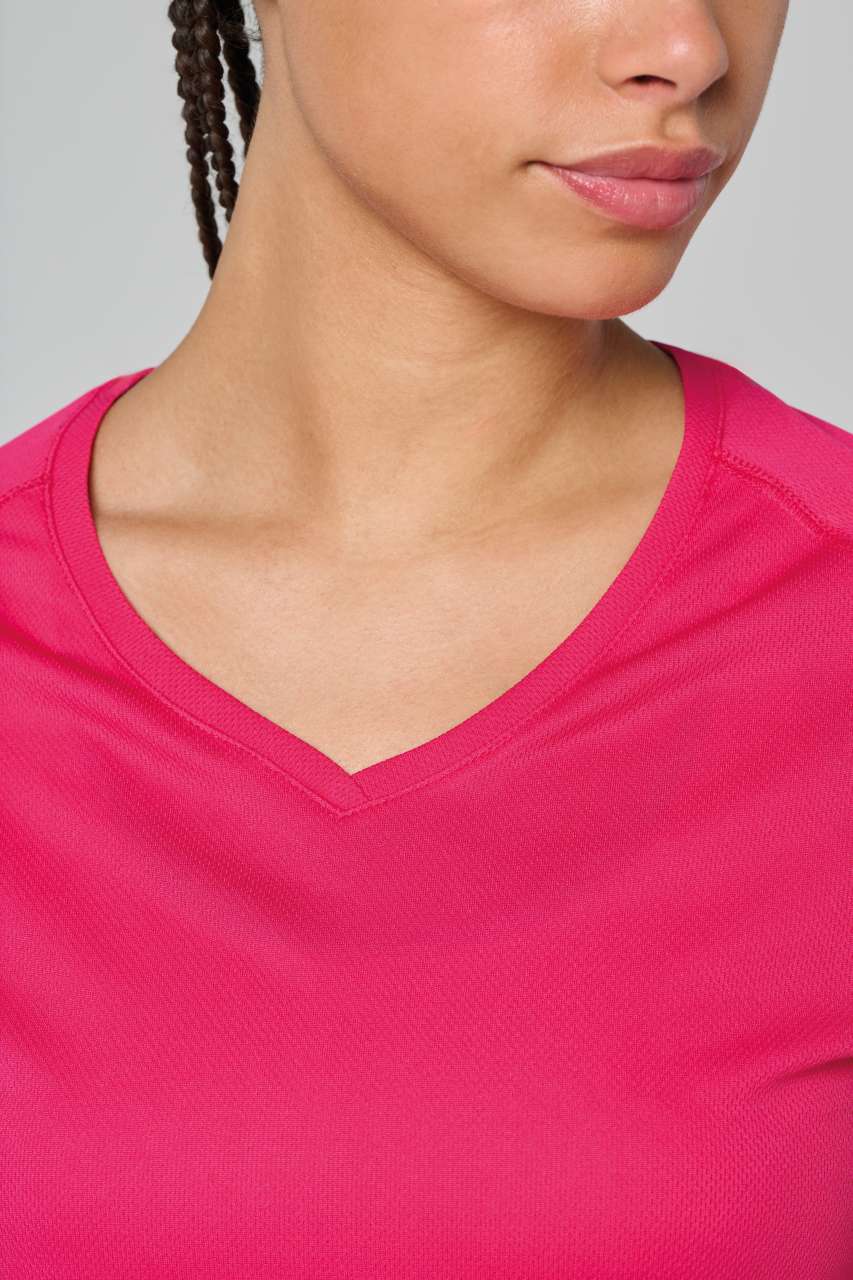 LADIES’ V-NECK SHORT SLEEVE SPORTS T-SHIRT - Fuchsia - Additional