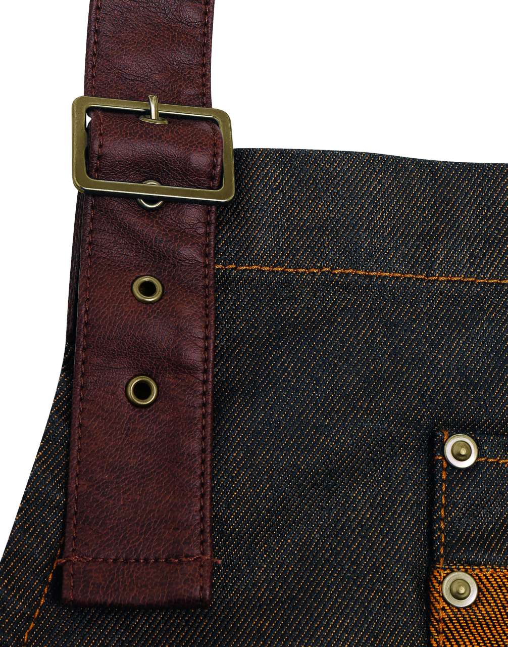 'DIVISION' WAXED LOOK DENIM BIB APRON WITH FAUX LEATHER - Black/Tan Denim - Additional