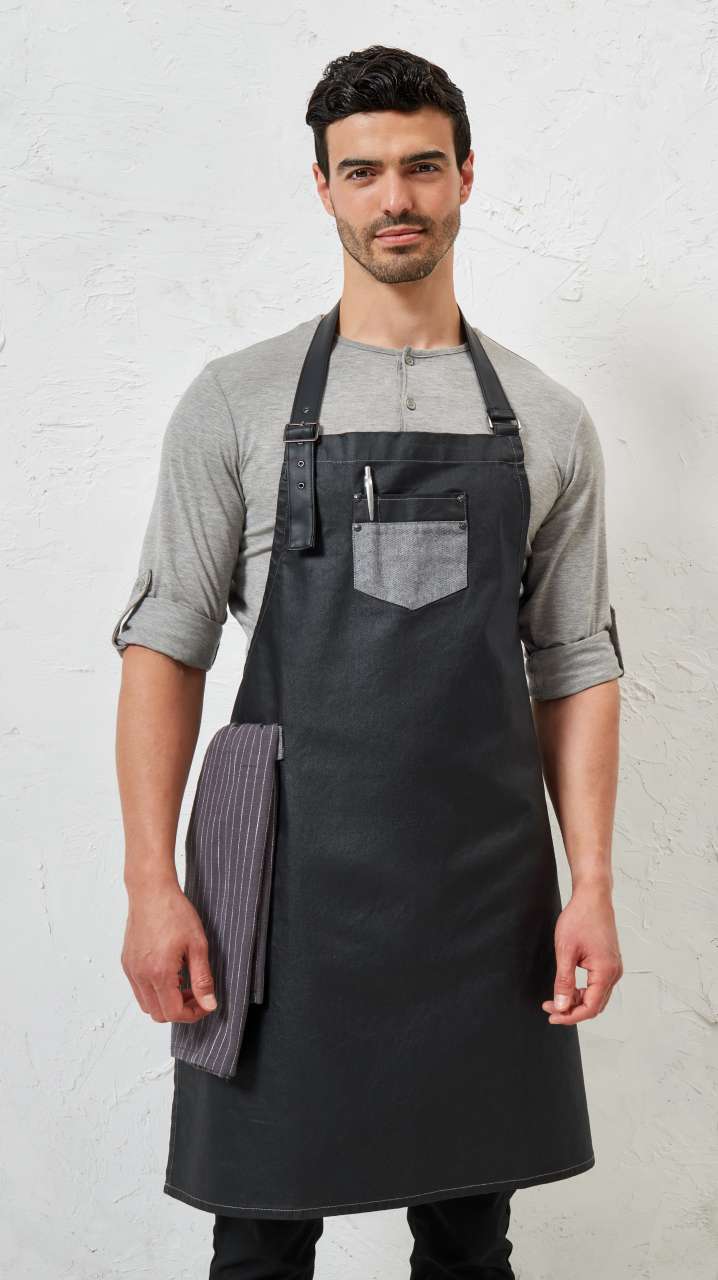'DIVISION' WAXED LOOK DENIM BIB APRON WITH FAUX LEATHER - Black/Tan Denim - Additional