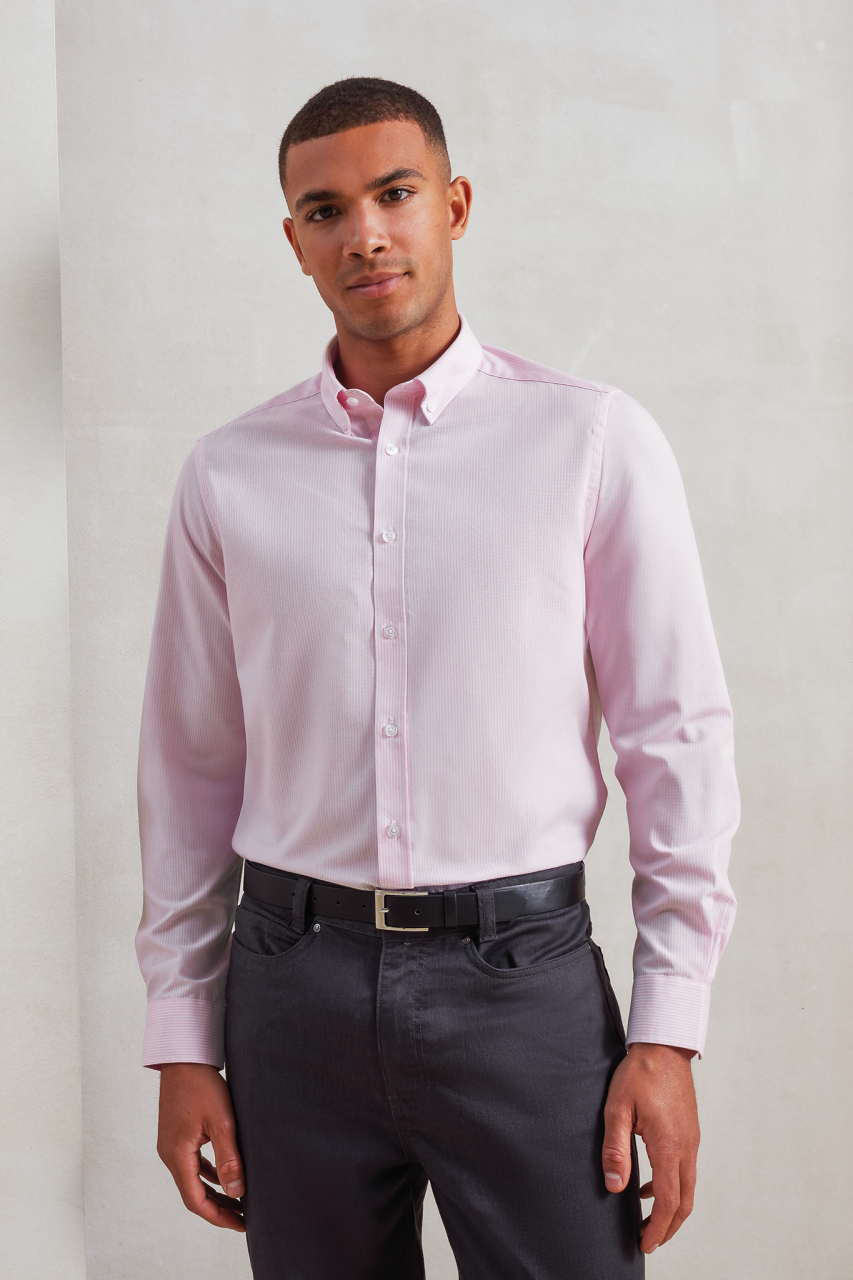 MEN’S COTTON RICH OXFORD STRIPES SHIRT - White/Oxford Blue - modelimageurl