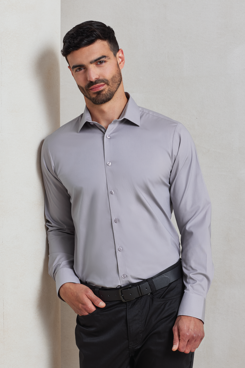 MEN'S STRETCH-FIT COTTON POPLIN LONG SLEEVE SHIRT - Silver - modelimageurl