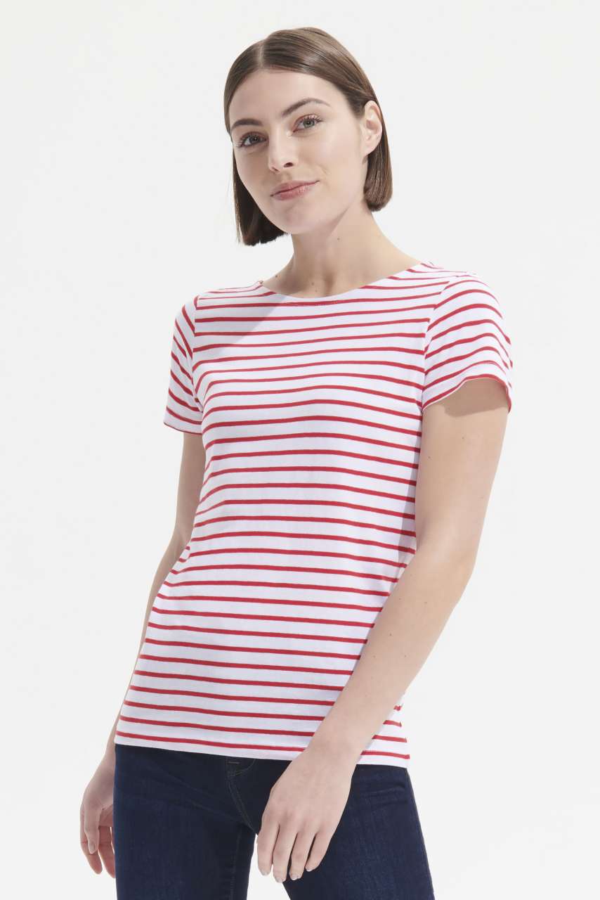 SOL'S MILES WOMEN - ROUND NECK STRIPED T-SHIRT - White/Navy - Model