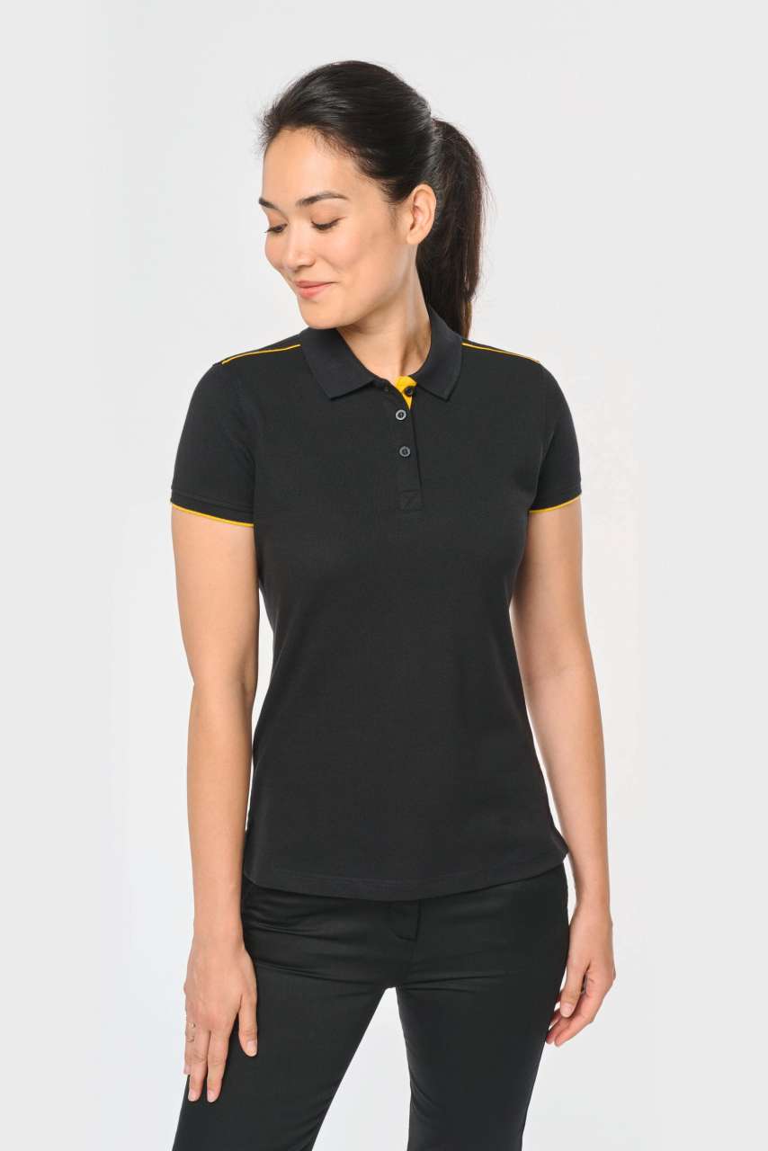 LADIES' SHORT-SLEEVED CONTRASTING DAYTODAY POLO SHIRT - Black/Orange - modelimageurl
