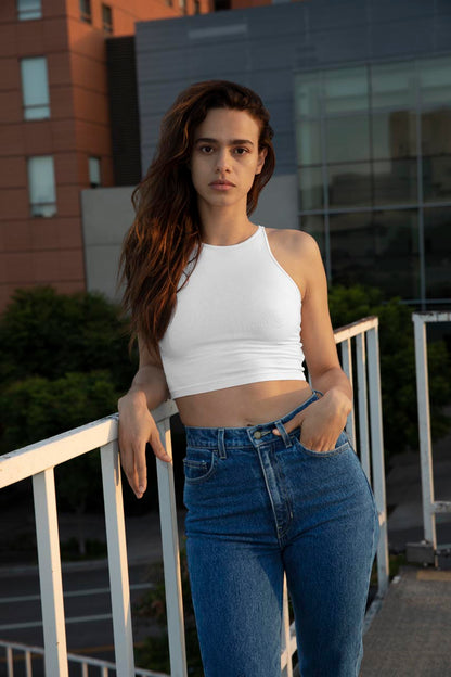 WOMEN'S COTTON SPANDEX CROP TANK - Black - Model