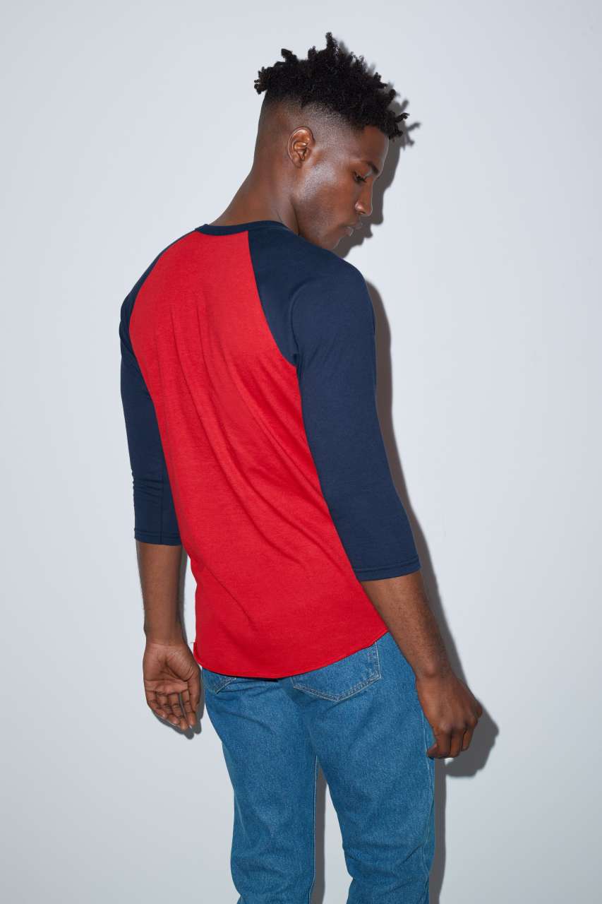 UNISEX POLY-COTTON 3/4 SLEEVE RAGLAN T-SHIRT - Heather Grey/Red - Additional
