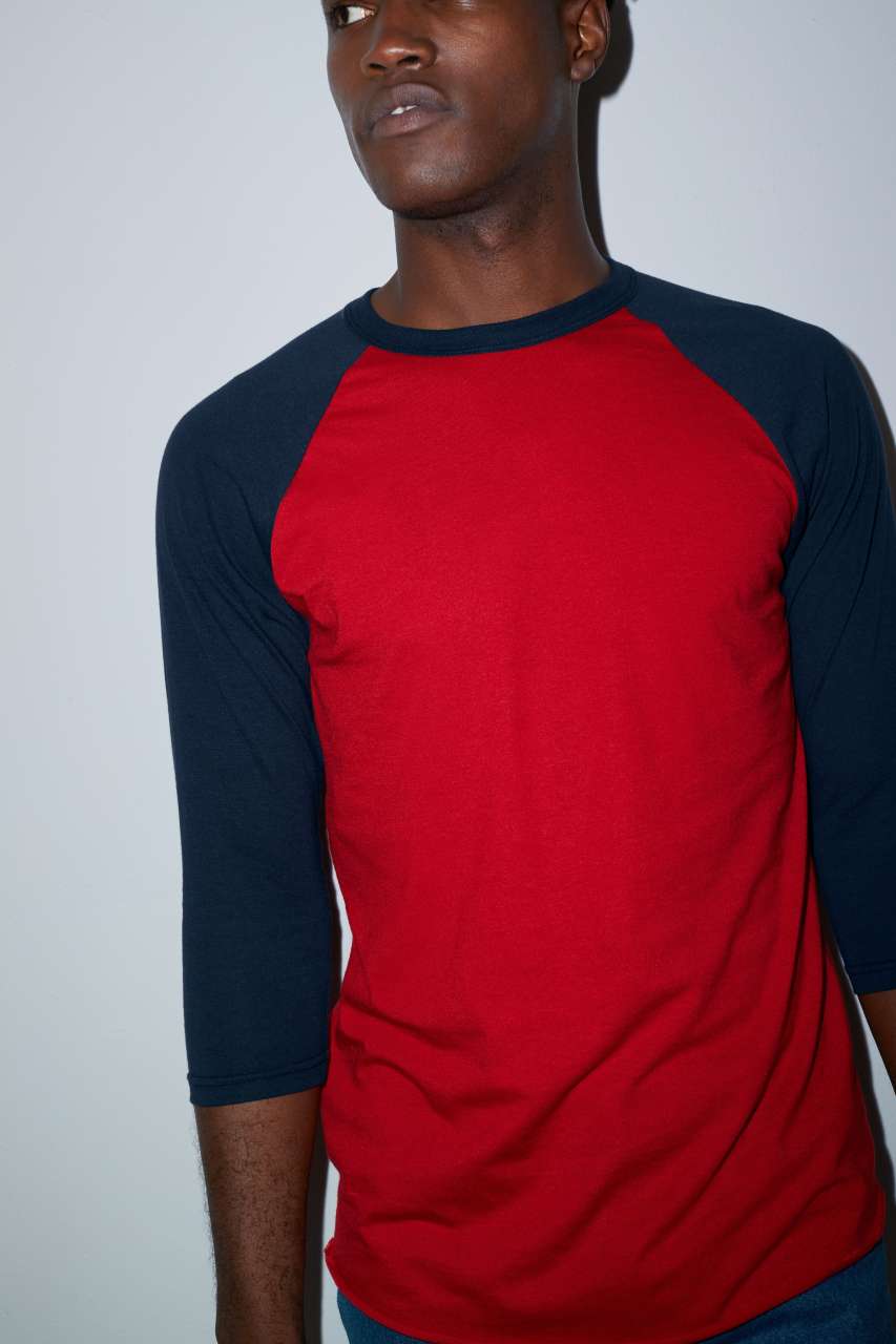 UNISEX POLY-COTTON 3/4 SLEEVE RAGLAN T-SHIRT - Heather Grey/Red - Additional