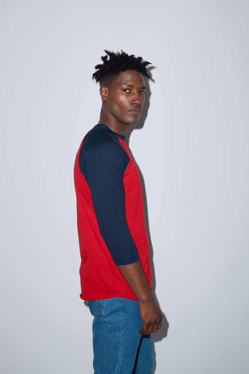 UNISEX POLY-COTTON 3/4 SLEEVE RAGLAN T-SHIRT - Heather Grey/Red - Additional