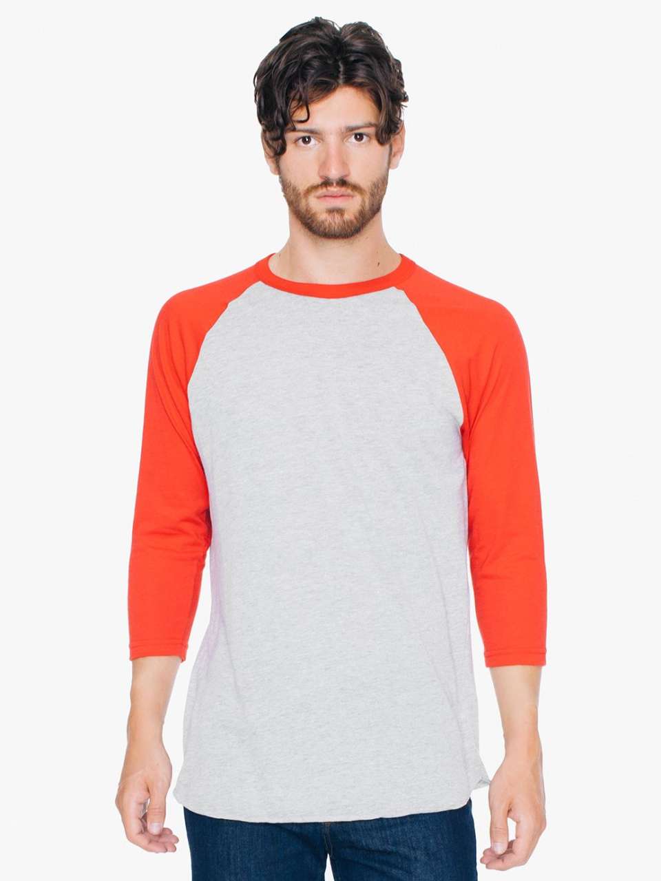 UNISEX POLY-COTTON 3/4 SLEEVE RAGLAN T-SHIRT - Heather Grey/Red - Main