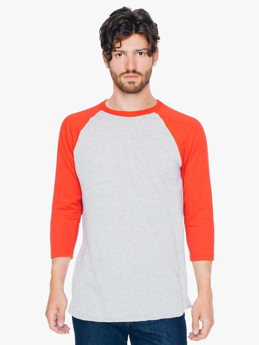 UNISEX POLY-COTTON 3/4 SLEEVE RAGLAN T-SHIRT - Heather Grey/Red - Main