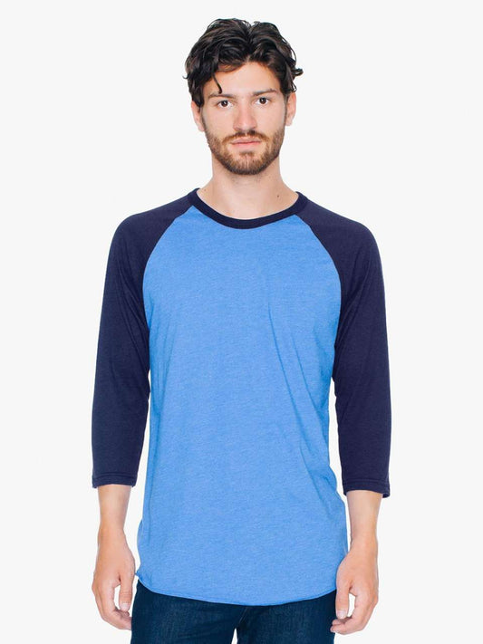 UNISEX POLY-COTTON 3/4 SLEEVE RAGLAN T-SHIRT - Heather Lake Blue/Navy - Main
