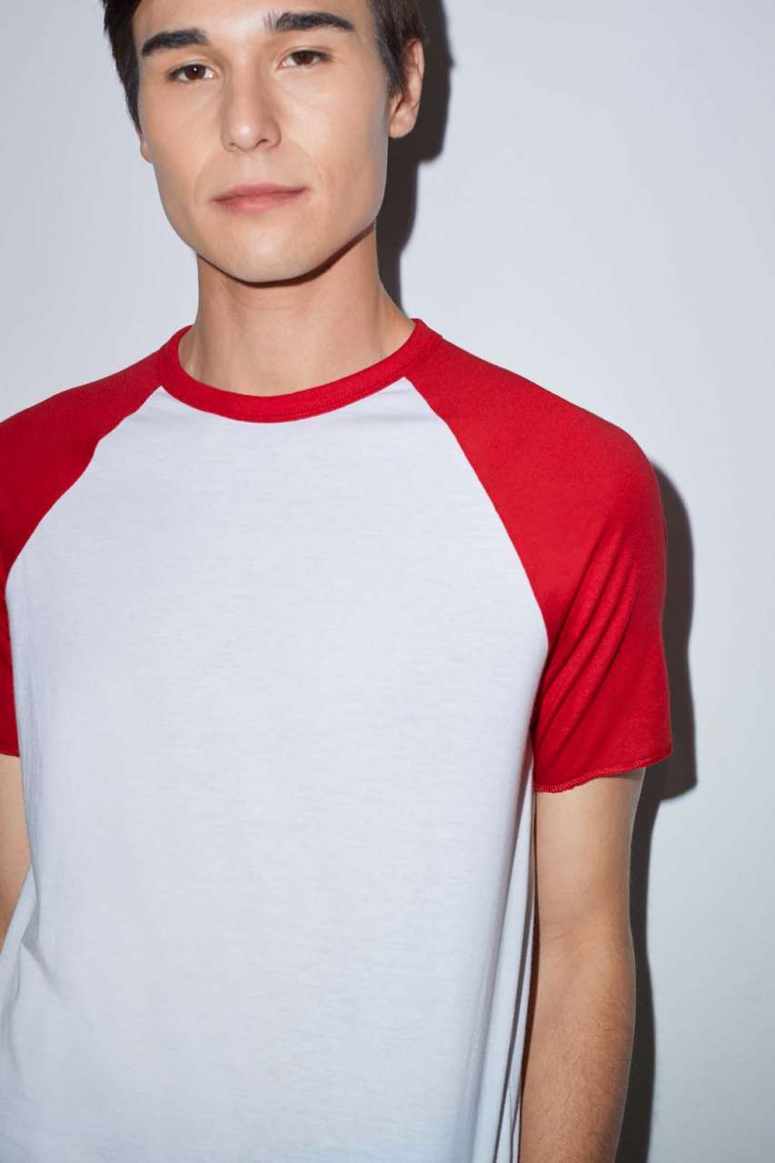 UNISEX POLY-COTTON SHORT SLEEVE RAGLAN T-SHIRT - White/Red - Additional