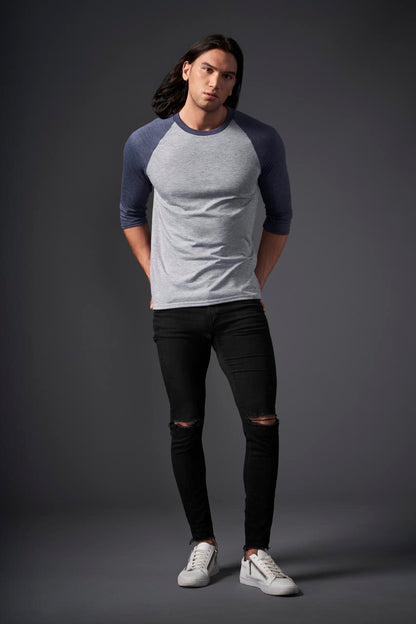 ADULT TRI-BLEND ¾ SLEEVE RAGLAN TEE - Heather Blue/Heather Grey - Model