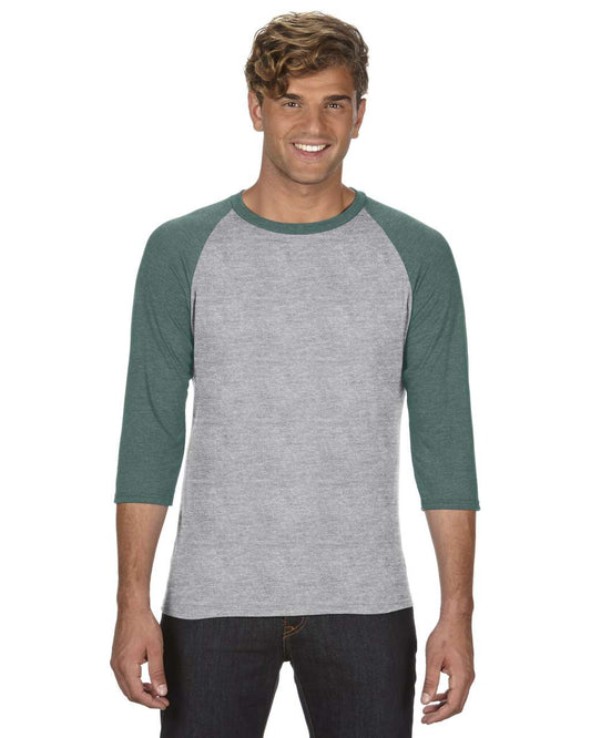 ADULT TRI-BLEND ¾ SLEEVE RAGLAN TEE - Heather Grey/Heather Dark Green - Main