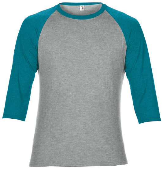 ADULT TRI-BLEND ¾ SLEEVE RAGLAN TEE - Heather Grey/Heather Galapagos Blue - Main