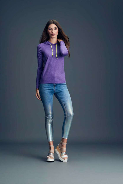 WOMEN’S LIGHTWEIGHT LONG SLEEVE HOODED TEE - Heather Blue/Neon Yellow - Additional
