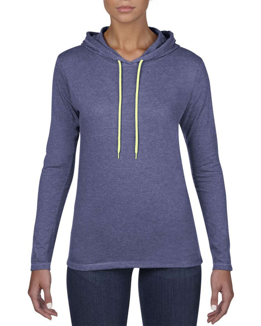 WOMEN’S LIGHTWEIGHT LONG SLEEVE HOODED TEE - Heather Blue/Neon Yellow - Main