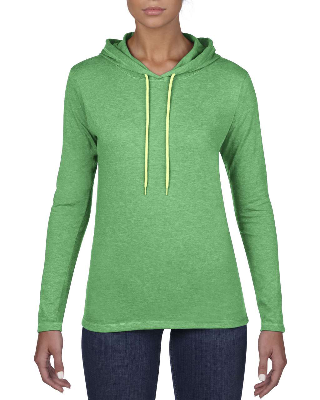 WOMEN’S LIGHTWEIGHT LONG SLEEVE HOODED TEE - Heather Green/Neon Yellow - Main