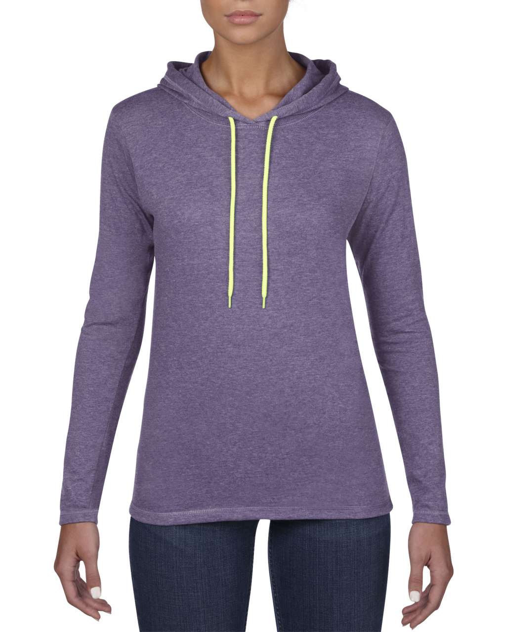 WOMEN’S LIGHTWEIGHT LONG SLEEVE HOODED TEE - Heather Purple/Neon Yellow - Main